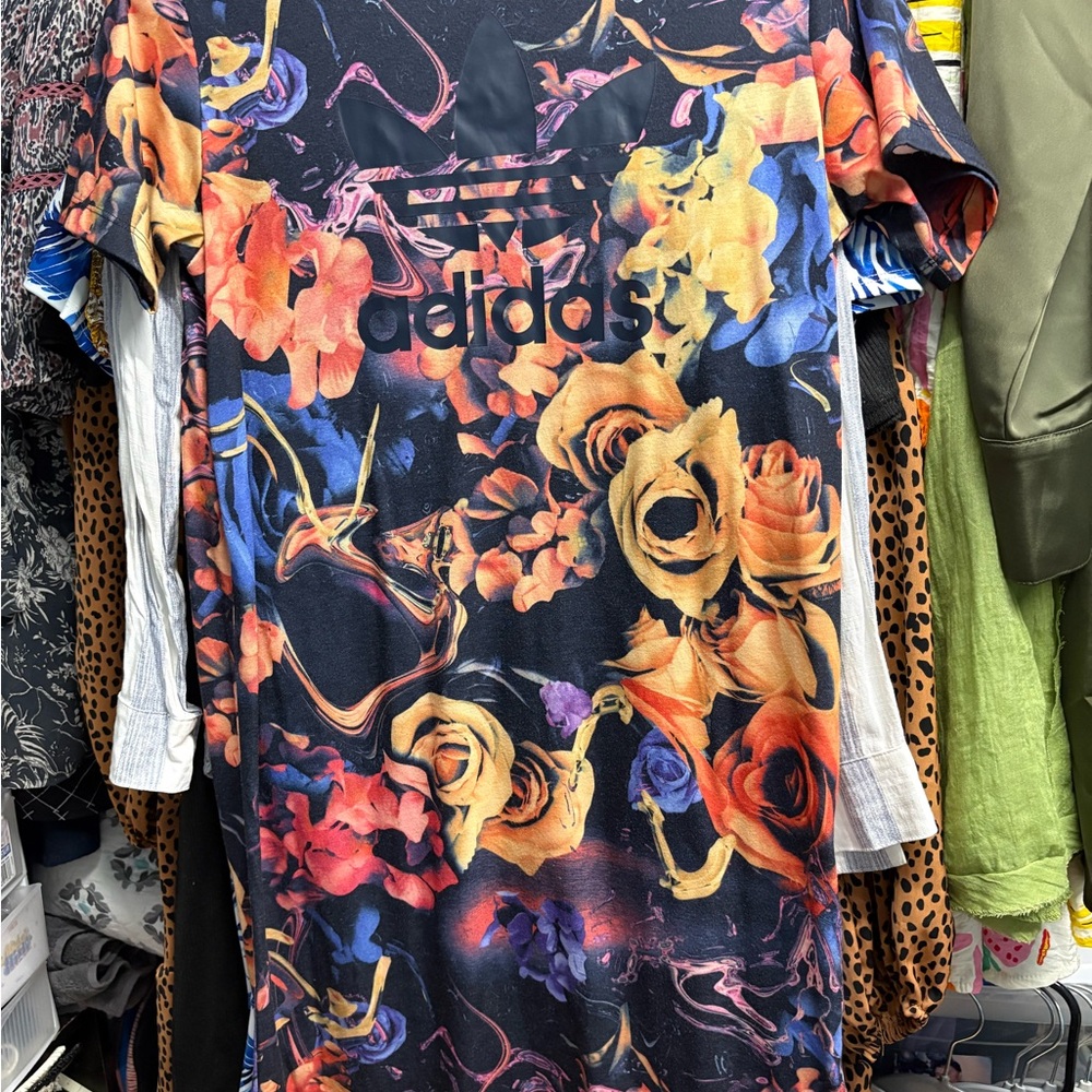 adidas Black Collar Floral Graphic Tee Dress with Purple and Pink Accents